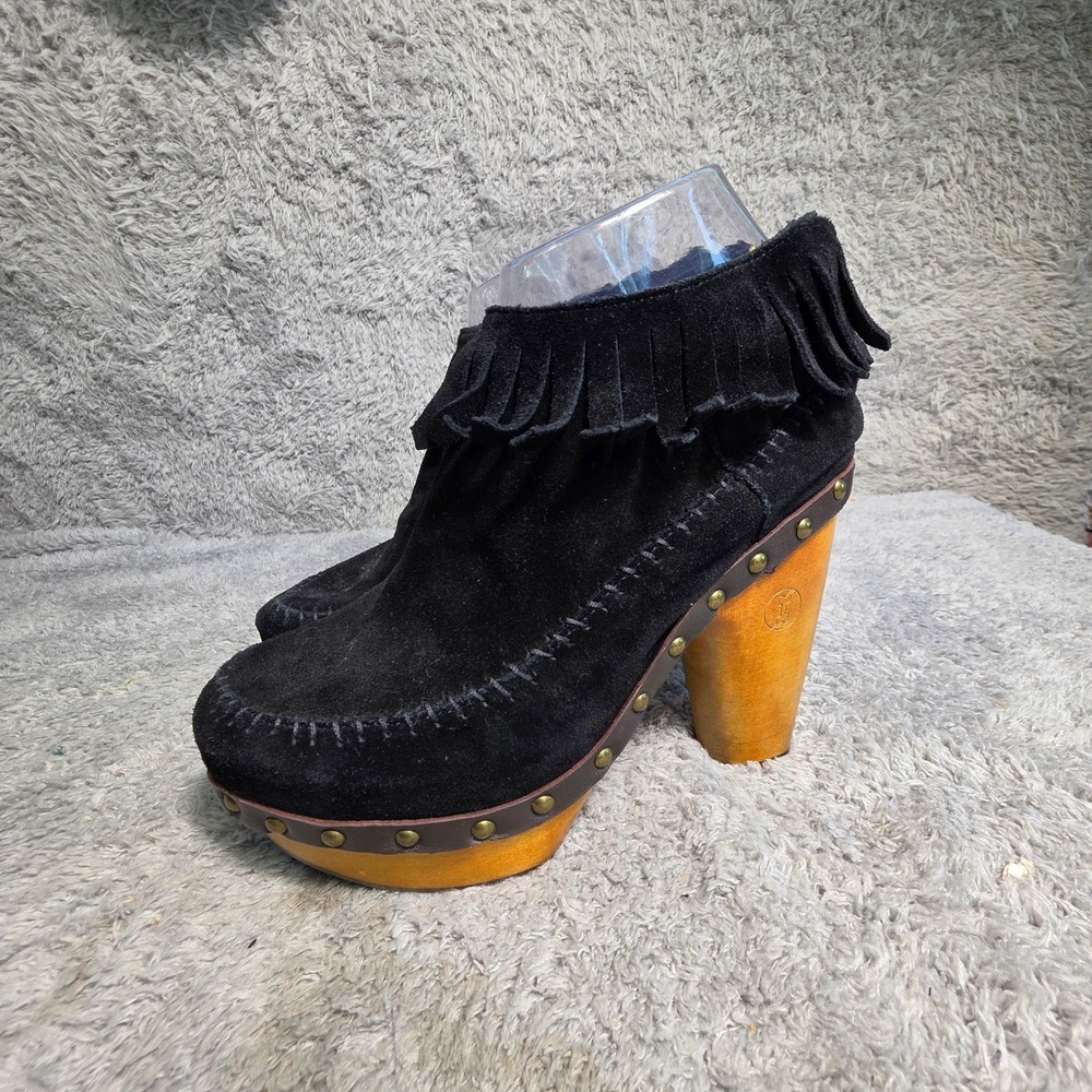 Flogg Moccasin Clog Booties Black Suede Fringe Studded Wood Heel Womens 7.5‎